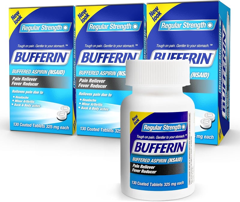 Bufferin Aspirin 325mg, Pain Reliever & Fever Reducer, with 3 Buffering Agents Relieves 7 Types of Pain: Headaches, Back Ache, Arthritis, Muscle Aches & More, for Adults, 130 Coated Tablets, 3 Pack