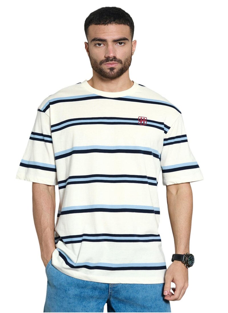 HIGH STAR - Relaxed White Striped T-Shirt for Men, Crew Neck and Casual Look - Image 1