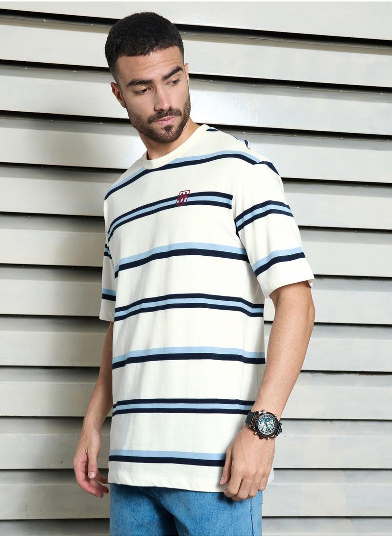 HIGH STAR - Relaxed White Striped T-Shirt for Men, Crew Neck and Casual Look - Image 1