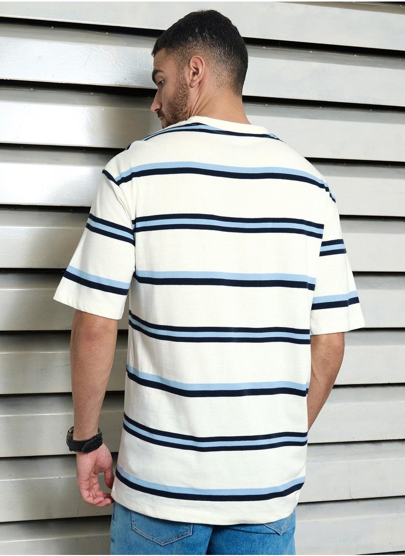 HIGH STAR - Relaxed White Striped T-Shirt for Men, Crew Neck and Casual Look - Image 1