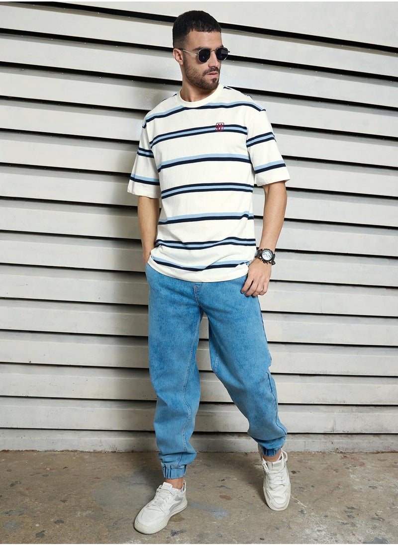 HIGH STAR - Relaxed White Striped T-Shirt for Men, Crew Neck and Casual Look - Image 1