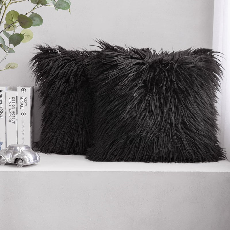 Phantoscope Pack of 2 Faux Fur Solid Throw Decorative Pillow Cover Cushion Covers Luxury Soft Halloween Decorative Pillowcase Fuzzy Pillow Covers for Bed/Couch, Black 18 x 18 Inches - Image 1