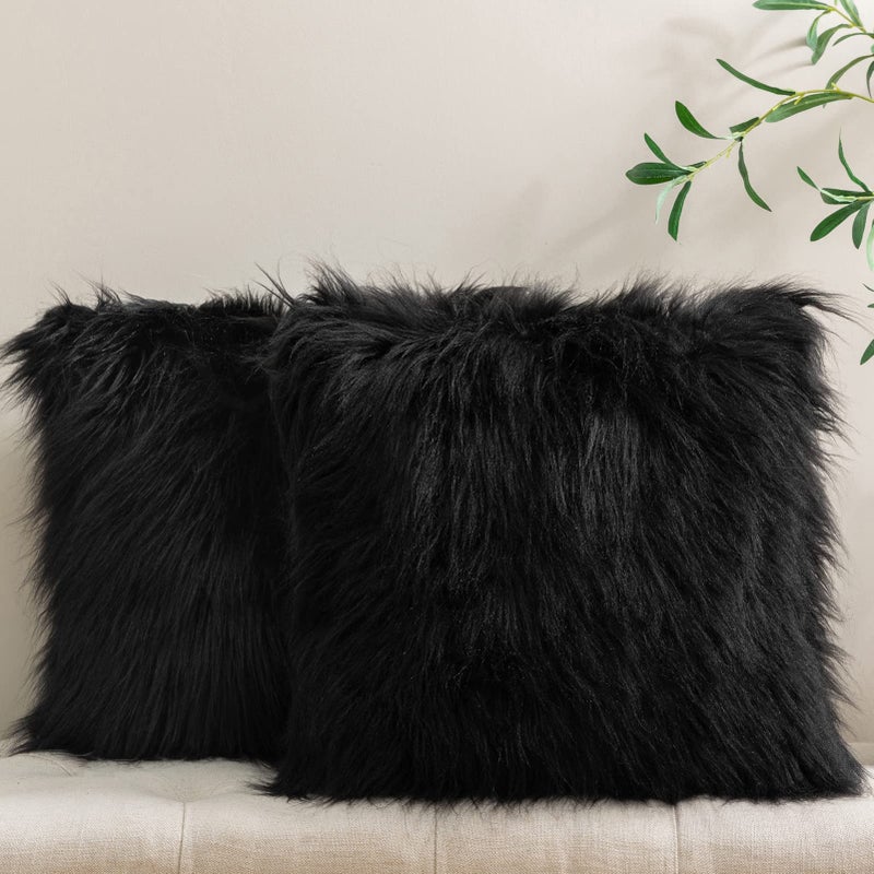 Phantoscope Pack of 2 Faux Fur Solid Throw Decorative Pillow Cover Cushion Covers Luxury Soft Halloween Decorative Pillowcase Fuzzy Pillow Covers for Bed/Couch, Black 18 x 18 Inches - Image 3