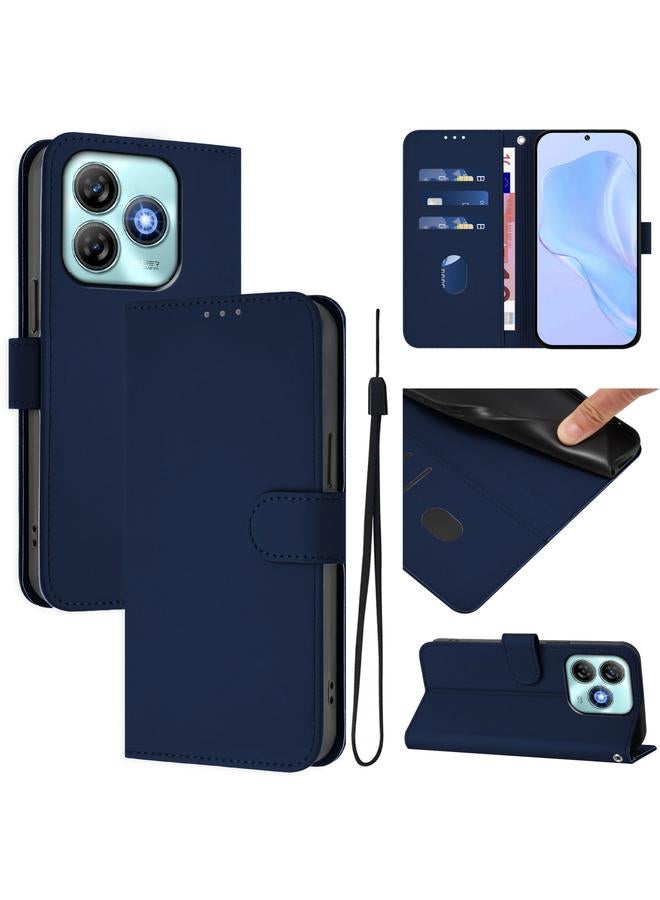 For ZTE Blade A75 4G Skin Feel Solid Color Leather Phone Case with Lanyard(Navy Blue)