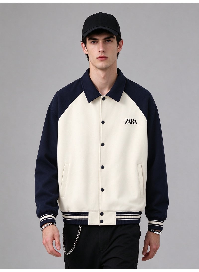 ZARA Color-Blocked Polo Collar Contrast Baseball Jacket - Image 1