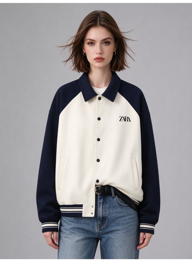ZARA Color-Blocked Polo Collar Contrast Baseball Jacket - Image 2