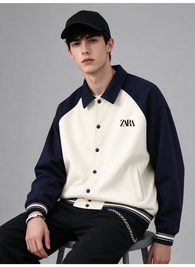 ZARA Color-Blocked Polo Collar Contrast Baseball Jacket - Image 5
