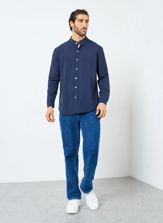 Styli Styli Linen Blend Mandarin Collar Regular Fit Shirt