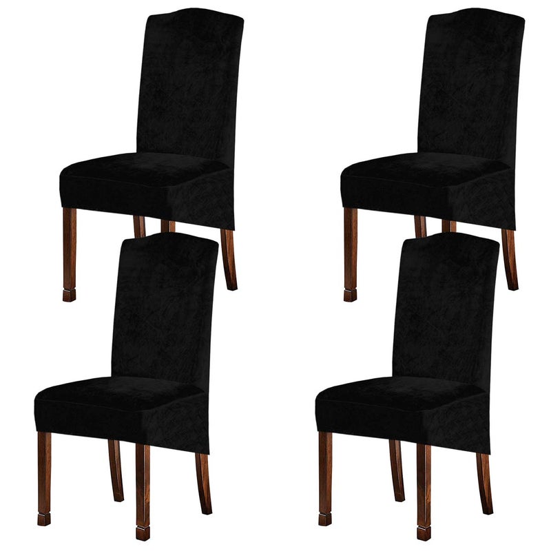 KELUINA Velvet Plush XL Dining Chair Covers Stretch Chaircover Spandex High Chairs Protector Covers Seat Slipcover with Elastic Band for Dining RoomWedding Ceremony Banquet Black Set of 4