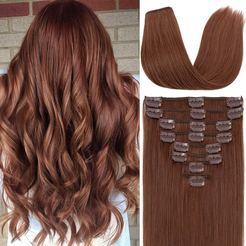 Snoilite Clip in Hair Extensions Human Hiar Clip in Short Human Hair Auburn Hair Standard Weft 100 Real Human Hair Full Head 8 Pieces 18 Clips Silky Soft 13 Inch80g Dark Auburn 33