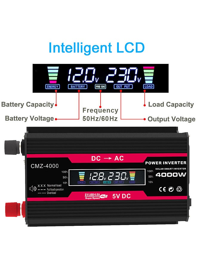 Generic - 4000W Peak Power Modified Sine Wave Inverter LED Display 300W Rated Power Inverter DC 12V to AC 220V Converter High Frequency Car Power Charger Inverter with 2 USB Port AC Socket - Image 1