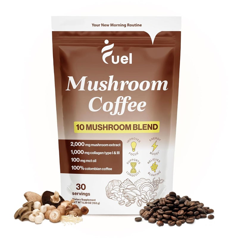 FUEL قهوة الفطر لتعزيز الدماغ - مزيج عضوي للتغذية لصحة الأمعاء - مسحوق ليوينغ مان - مسحوق فطر تشاجا - قهوة فورية منخفضة الكافيين - مشروب نوتروبيك - 30 حصة - Image 1