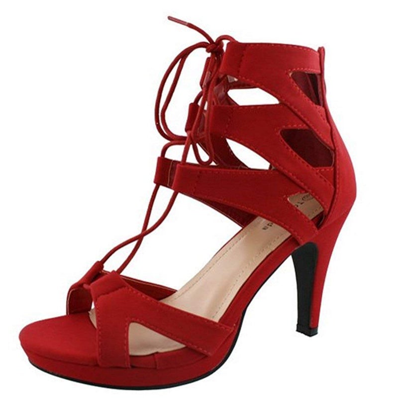 TOP Moda Women's Pebble-2 Gladiator Lace Up Bootie Sandals, Red 10 - Image 3