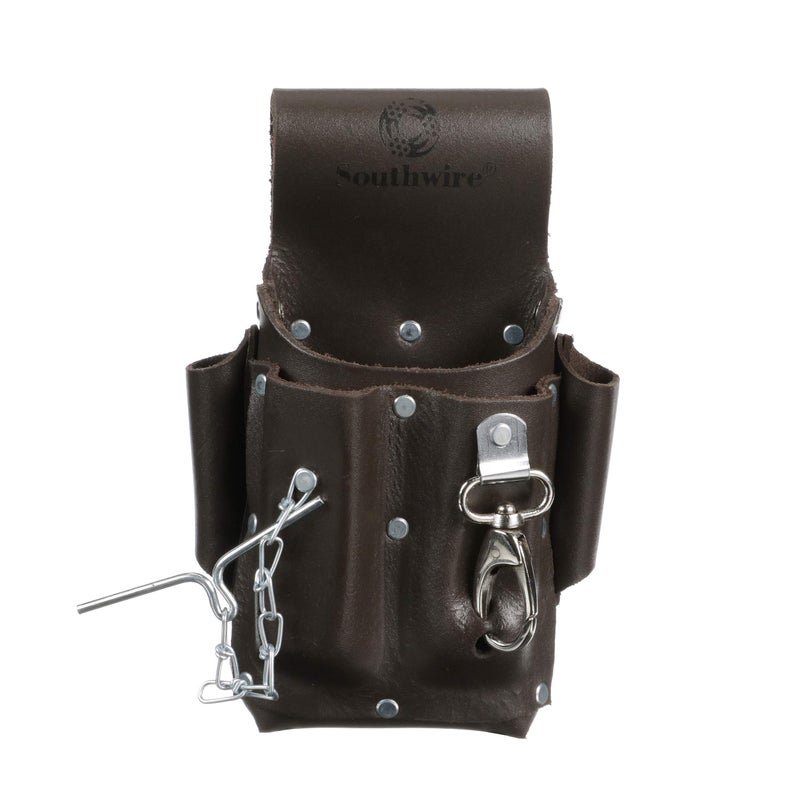 Southwire POUCH4 Leather Tool Pouch; 5 Pocket Pouch with Electrical Tape Chain; Fade Resistant; Durable Compartments; Washer Rivets; Includes Metal Tool Clip; Dark Brown - Image 1