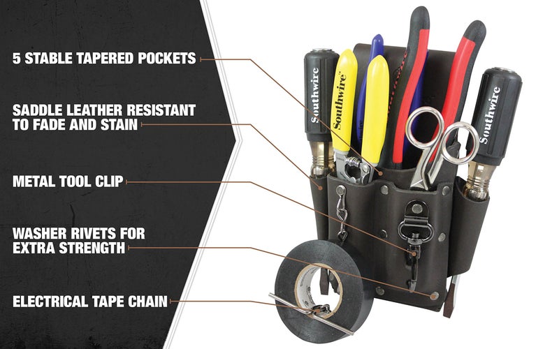 Southwire POUCH4 Leather Tool Pouch; 5 Pocket Pouch with Electrical Tape Chain; Fade Resistant; Durable Compartments; Washer Rivets; Includes Metal Tool Clip; Dark Brown - Image 5