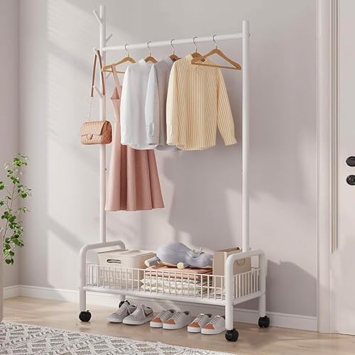 LEOPAX Metal Cloths Rail for Home with Wheels, Bottom Shelves & 5 Side Hooks, Clothes Stand for Coat, Shirt, Helmet, Umbrella, Purse - Size - (89 x 34 x 172) cm - White - Image 1