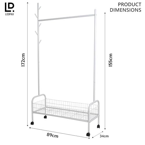 LEOPAX Metal Cloths Rail for Home with Wheels, Bottom Shelves & 5 Side Hooks, Clothes Stand for Coat, Shirt, Helmet, Umbrella, Purse - Size - (89 x 34 x 172) cm - White - Image 5