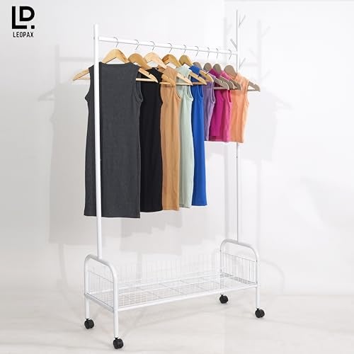 LEOPAX Metal Cloths Rail for Home with Wheels, Bottom Shelves & 5 Side Hooks, Clothes Stand for Coat, Shirt, Helmet, Umbrella, Purse - Size - (89 x 34 x 172) cm - White - Image 2