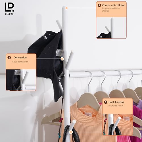 LEOPAX Metal Cloths Rail for Home with Wheels, Bottom Shelves & 5 Side Hooks, Clothes Stand for Coat, Shirt, Helmet, Umbrella, Purse - Size - (89 x 34 x 172) cm - White - Image 4