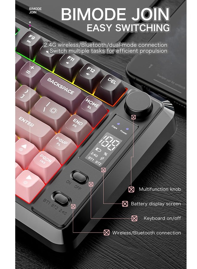 فري وولف لوحة مفاتيح M75 لاسلكية ثنائية الوضع، لوحة مفاتيح غشائية، 2.4 جيجاهرتز + بلوتوث، 81 مفتاحًا مدمجًا، أغطية مفاتيح PBT، شاشة ذكية وإضاءة RGB لأجهزة الكمبيوتر الشخصية/ماك - Image 4