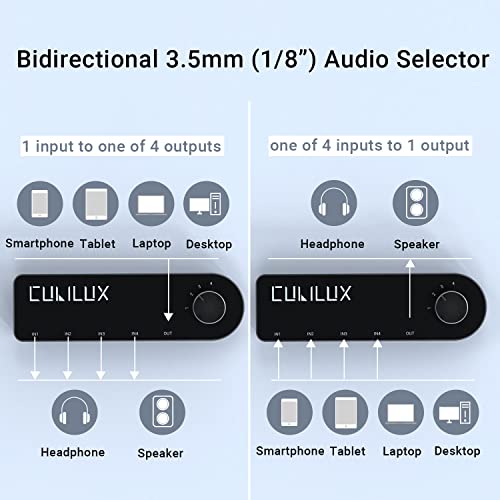 Cubilux Bidirectional 3.5mm Audio Switcher (1-in to 4-Out / 4-in to 1-Out), Stereo 1/8” Aux Selector Box for Speaker Headphones/Earphones, Audio Switch for Laptop Computer Smartphone Tablet - Image 2
