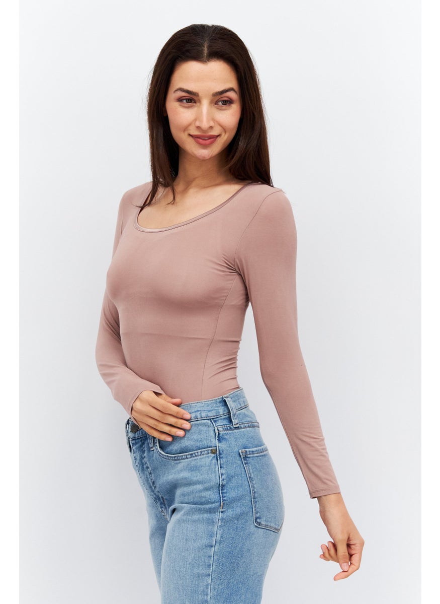 Etam - Women Long Sleeve Plain Bodysuit, Peach - Image 1