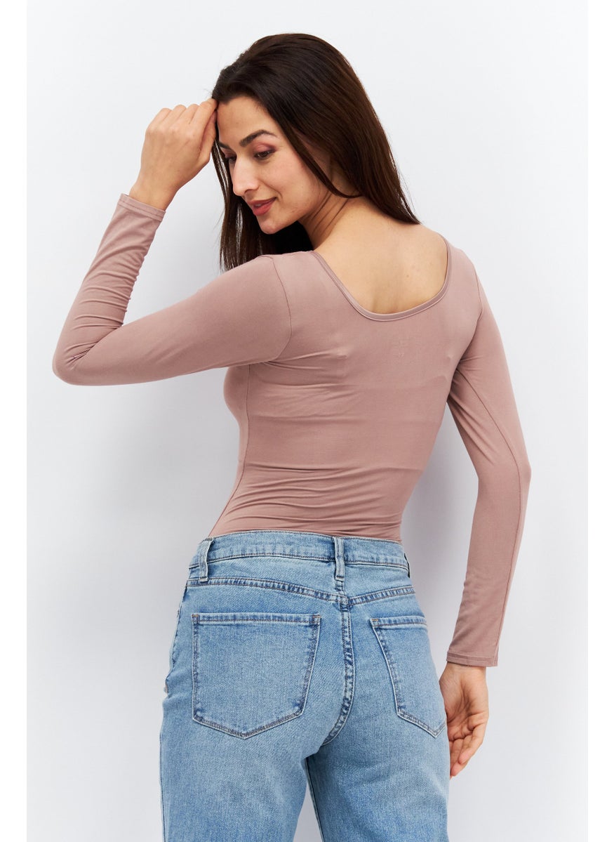 Etam - Women Long Sleeve Plain Bodysuit, Peach - Image 1