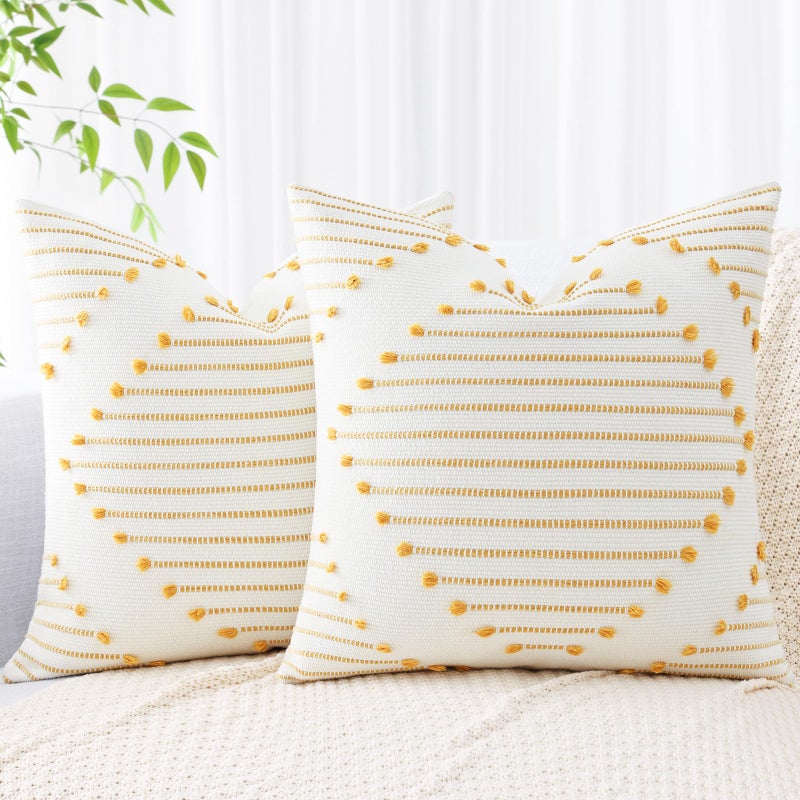 Mecatny Boho Outdoor Throw Pillow Covers 18X18 Set of 2 Farmhouse Decorative Summer Pillow Covers for Couch Sofa Living Room Yellow  White