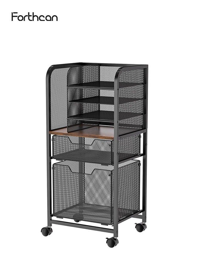 فورثكان عربة تخزين ملفات متحركة من 6 طبقات مع درج قابل للسحب، منظم ملفات مكتبي بشبك معدني مع عجلات للاستخدام المنزلي والمكتبي - Image 2