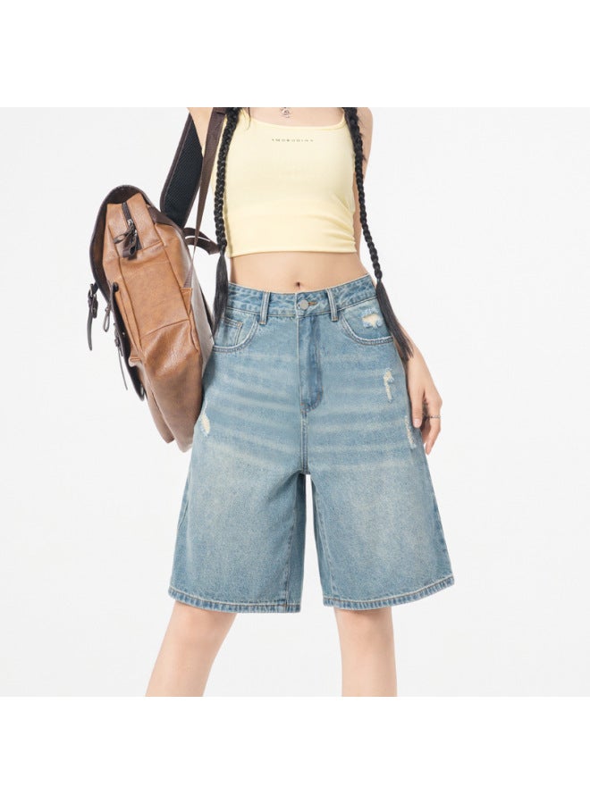 هابي شورت جينز مستقيم بخمس نقاط أزرق رجعي للنساء صيف جديد فضفاض تصميم شارع رئيسي ساق واسع بنطلون متوسط - Image 1