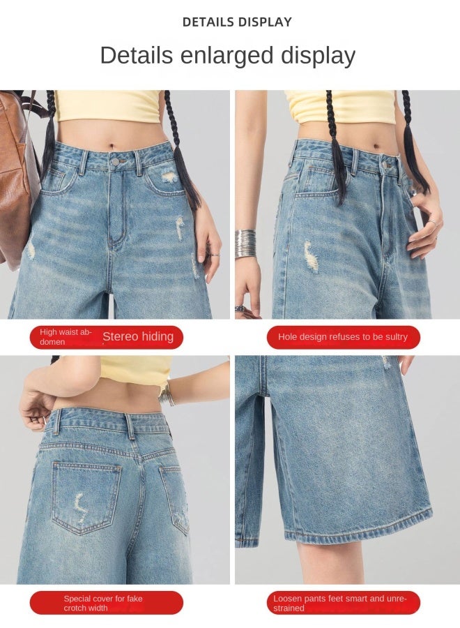 هابي شورت جينز مستقيم بخمس نقاط أزرق رجعي للنساء صيف جديد فضفاض تصميم شارع رئيسي ساق واسع بنطلون متوسط - Image 2