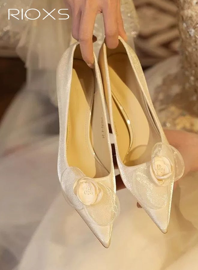 RIOXS Women's Stiletto High Heel Pointed Toe Pumps, 8cm Closed Toe Gold Sparkly Slip on Wedding Dress Shoes with Flower Decoration, Elegant Comfortable Dressy Wedding Pump Shoes for Party Homecoming Prom - Image 2