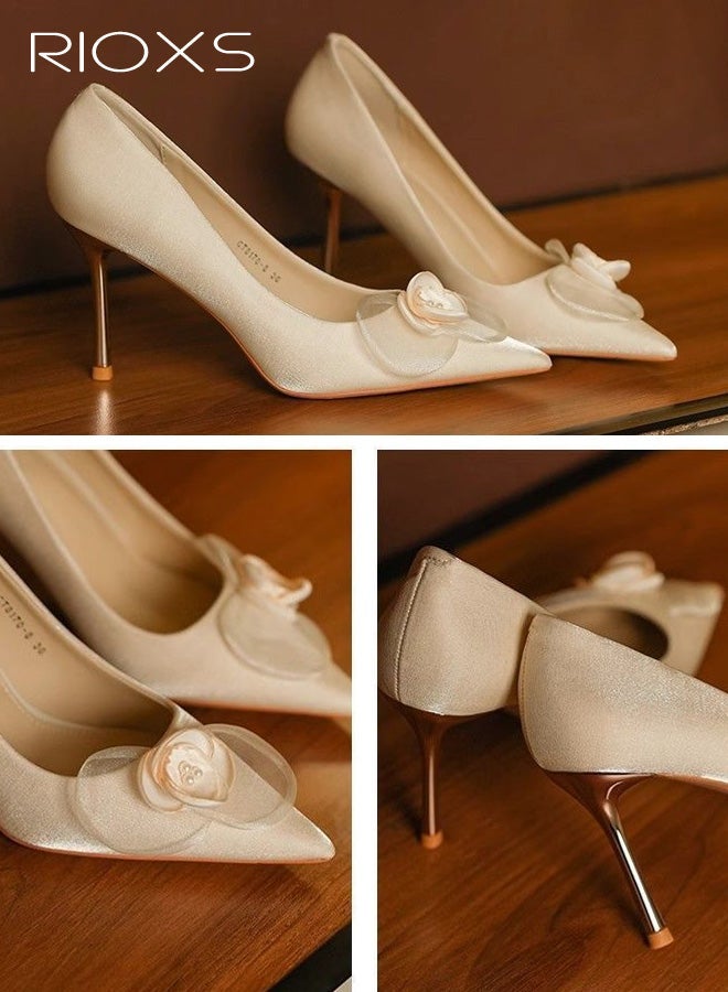 RIOXS Women's Stiletto High Heel Pointed Toe Pumps, 8cm Closed Toe Gold Sparkly Slip on Wedding Dress Shoes with Flower Decoration, Elegant Comfortable Dressy Wedding Pump Shoes for Party Homecoming Prom - Image 5
