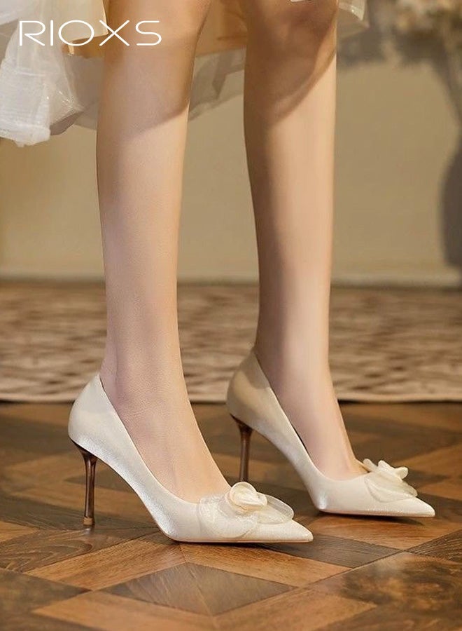 RIOXS Women's Stiletto High Heel Pointed Toe Pumps, 8cm Closed Toe Gold Sparkly Slip on Wedding Dress Shoes with Flower Decoration, Elegant Comfortable Dressy Wedding Pump Shoes for Party Homecoming Prom - Image 4