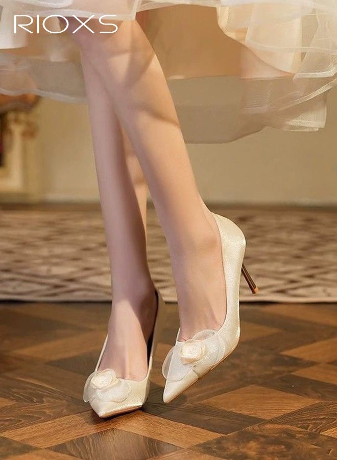 RIOXS Women's Stiletto High Heel Pointed Toe Pumps, 8cm Closed Toe Gold Sparkly Slip on Wedding Dress Shoes with Flower Decoration, Elegant Comfortable Dressy Wedding Pump Shoes for Party Homecoming Prom - Image 1
