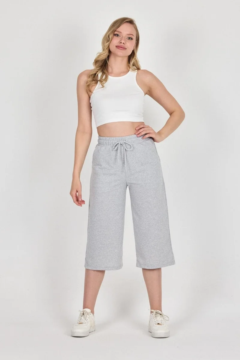 ميتاليك High Waist Pocketed Relaxed Cut Seasonal Women's Below Knee Bermuda Gray Capri Shorts
