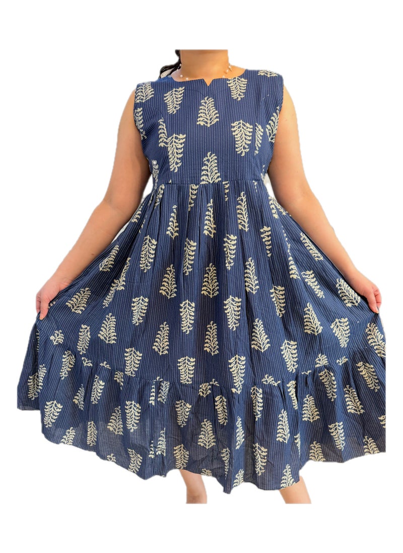 Generic Maternity Soft Cotton Fit & Flare Dress, Round Neck, Navy Blue with Floral Print, Sleeveless  - Image 1