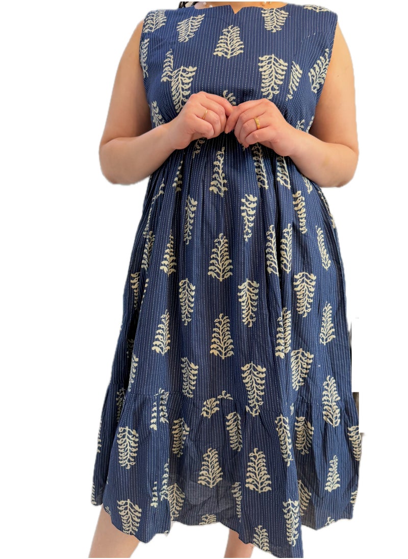 Generic Maternity Soft Cotton Fit & Flare Dress, Round Neck, Navy Blue with Floral Print, Sleeveless  - Image 2