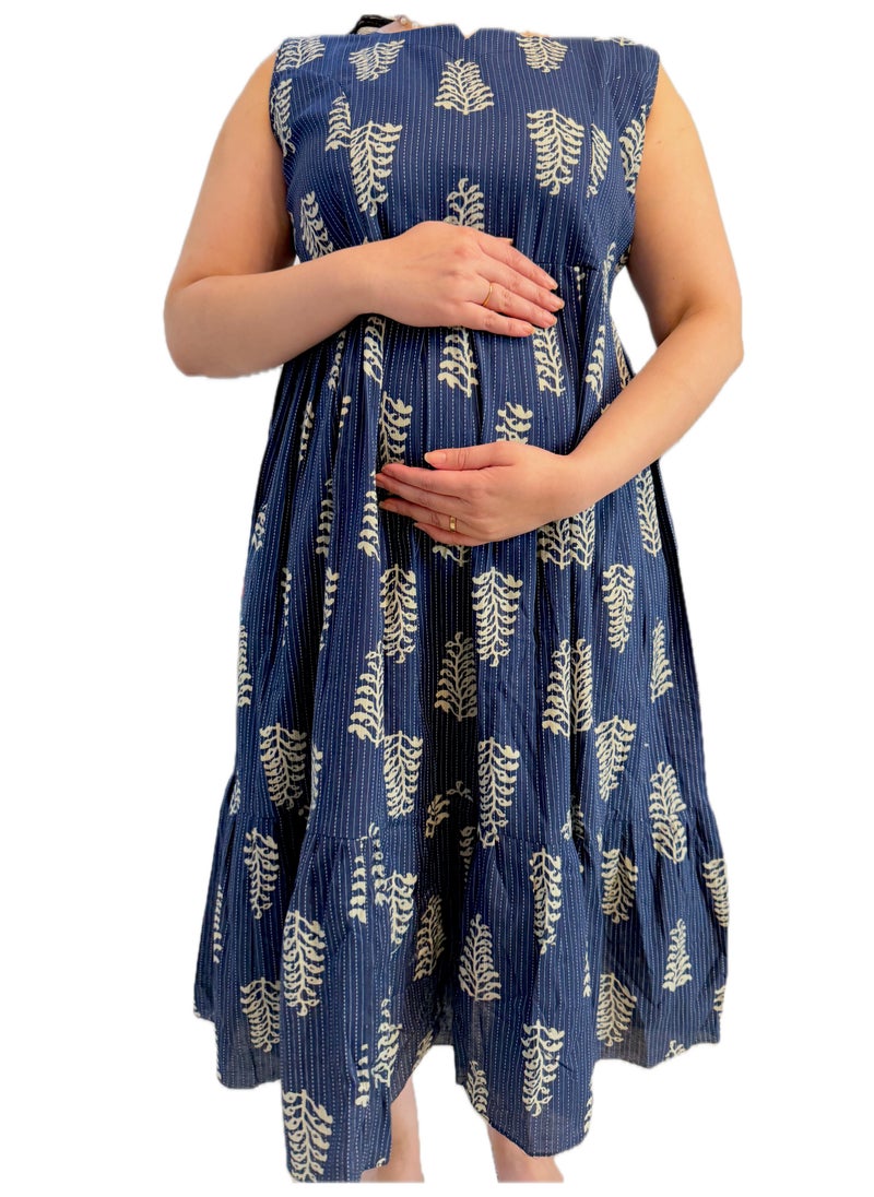 Generic Maternity Soft Cotton Fit & Flare Dress, Round Neck, Navy Blue with Floral Print, Sleeveless  - Image 3