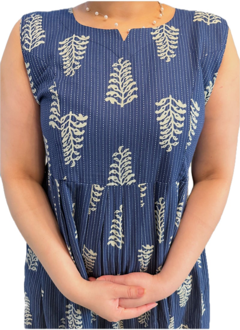 Generic Maternity Soft Cotton Fit & Flare Dress, Round Neck, Navy Blue with Floral Print, Sleeveless  - Image 4