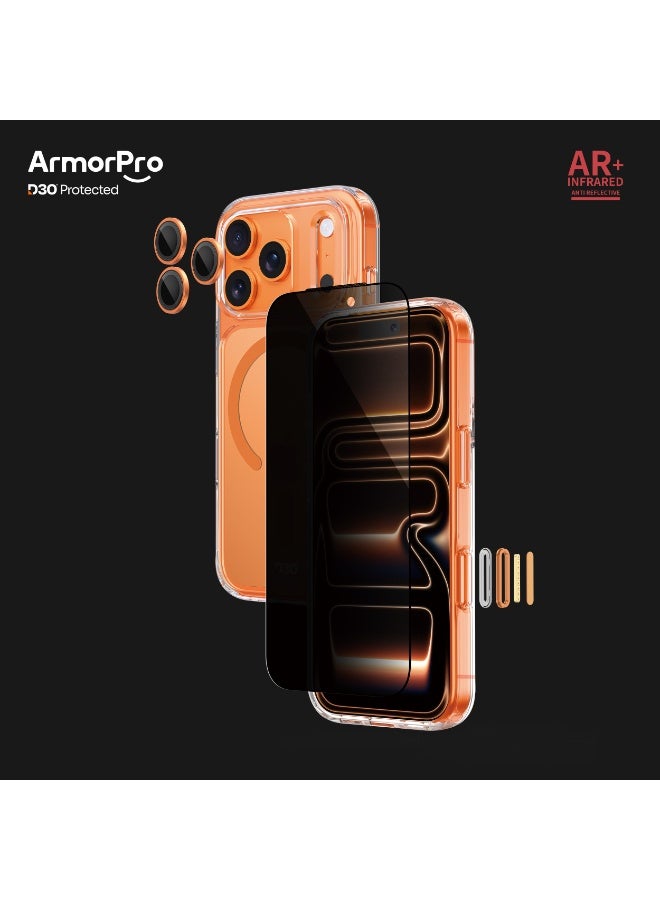 ارمور برو مجموعة حماية 3-in-1، iPhone 17 Pro Max، تقنية D3O، حماية خصوصية، مضاد للانعكاس، برتقالي - Image 1