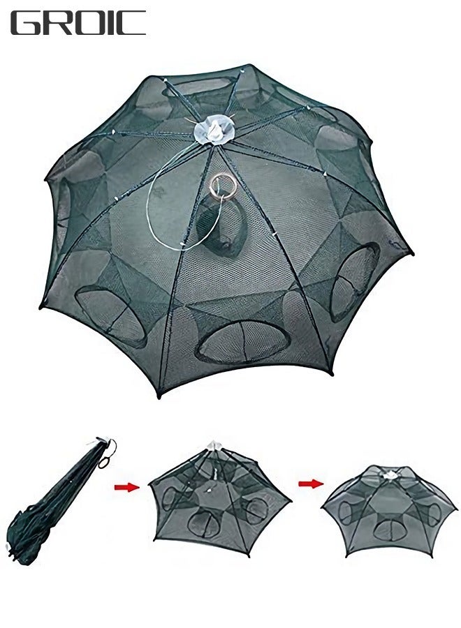 GROIC شبكة صيد السمك المحمولة القابلة للطي والطي وشبكة السلطعون وطُعم الغمر والجمبري وقفص جراد البحر ومصيدة شبكية أوتوماتيكية ذات 8 فتحات - أخضر - Image 1