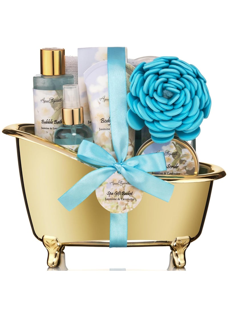 Aqua Elegante Spa Gift Baskets For Women  Luxury Bath Set With Jasmine  Lavender  Spa Kit Includes Body Wash Bubble Bath Lotion Bath Salts Body Scrub Body Spray Shower Puff and Towel 