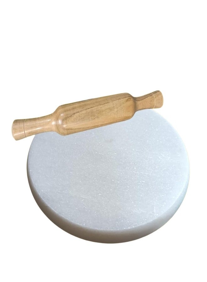 White Marble Chakla Set with Wooden Belan Ideal for Roti Making - Image 1