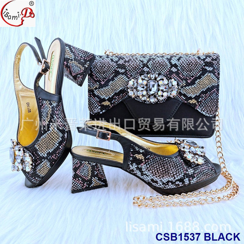 Party -Pressed Diamond Pointed Head Imitation Snakeskin Mesh Pu Back Tied High Heel Sandals With Stick Diamond Hand Bag Set - Image 4