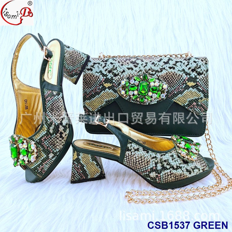 Party -Pressed Diamond Pointed Head Imitation Snakeskin Mesh Pu Back Tied High Heel Sandals With Stick Diamond Hand Bag Set - Image 2
