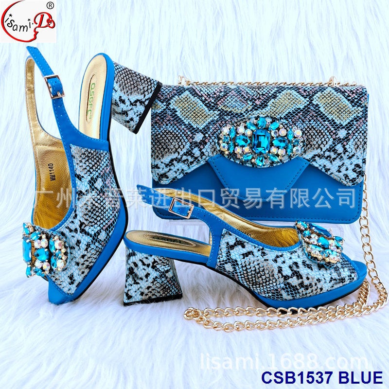 Party -Pressed Diamond Pointed Head Imitation Snakeskin Mesh Pu Back Tied High Heel Sandals With Stick Diamond Hand Bag Set - Image 5