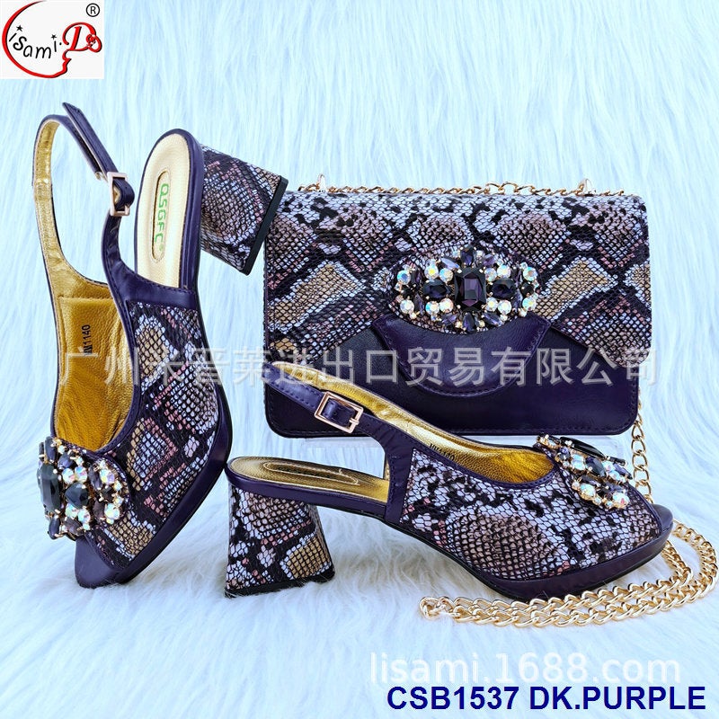 Party -Pressed Diamond Pointed Head Imitation Snakeskin Mesh Pu Back Tied High Heel Sandals With Stick Diamond Hand Bag Set - Image 1