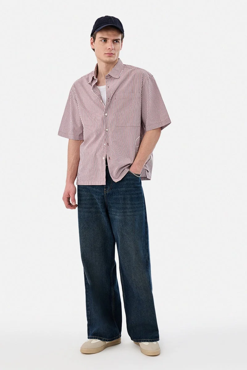 SNITCH Brown Striped Half Sleeve Boxy Shirt