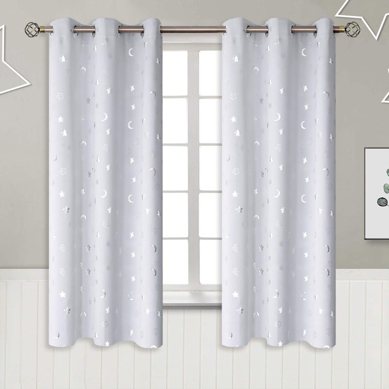 BGment Kids Curtains for Nursery Star and Moon Room Darkening Curtains for Boys Girls Bedroom 63 Inch Long Blackout Thermal Insulated Grommet Curtains Greyish White 2 Panels of 42 x 63 Inch